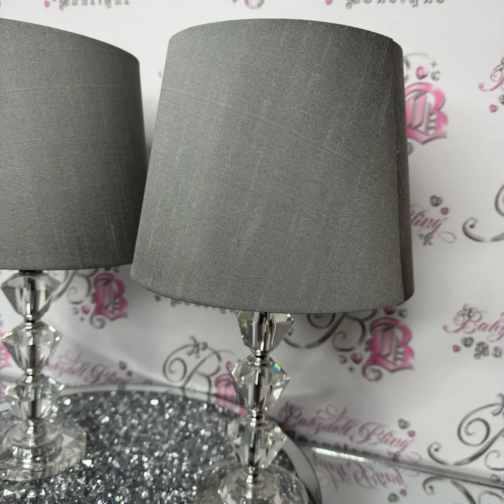2 lamps crystal bases sparkly crystals grey lamp shade plug in wall luxury